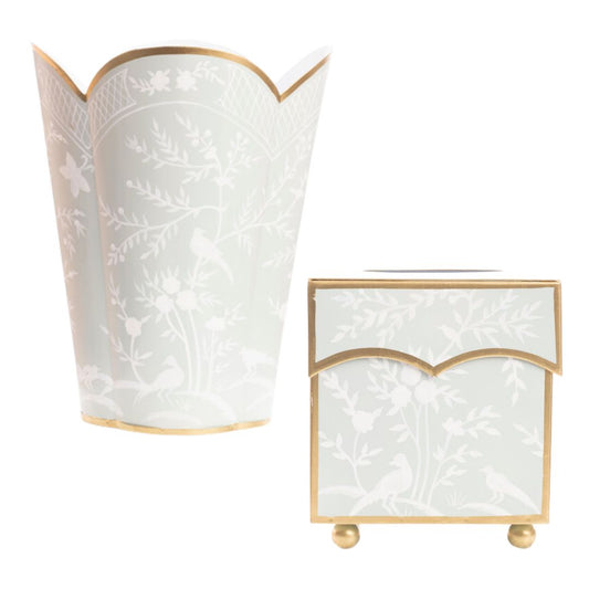 Mint Green & White Chinoiserie Wastepaper Basket & Tissue Holder Set
